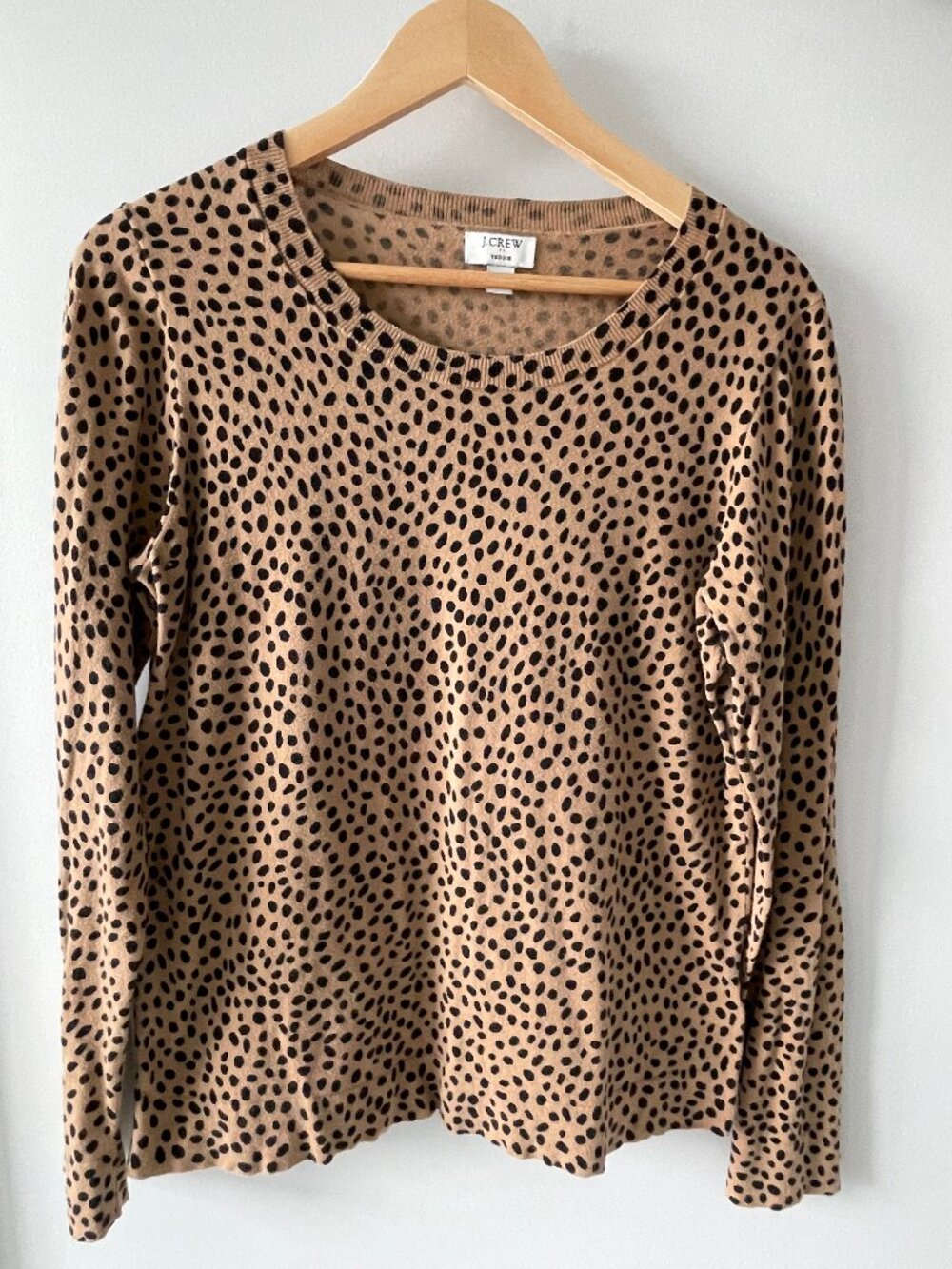 J.Crew 100% Cotton Teddie Sweater Tan Black Dot Print Medium Classic Knit